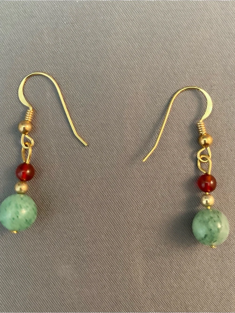 Handmade light jade and carnelian bead dangle earrings